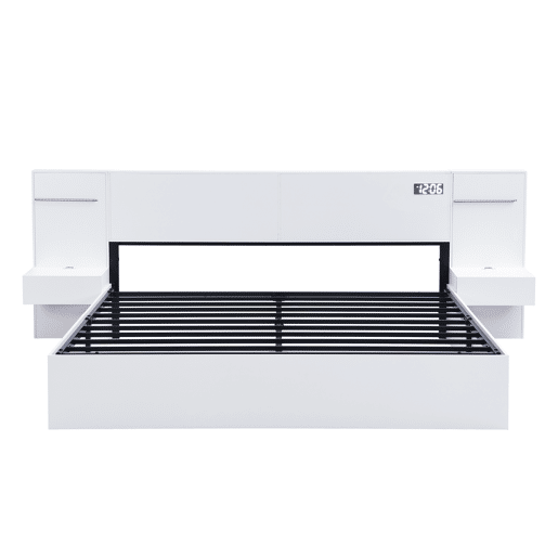 Cama de casal 180x200cm - com USB, relógio eletrónico, altifalantes Bluetooth, luz LED e 2 mesas de cabeceira - Branco