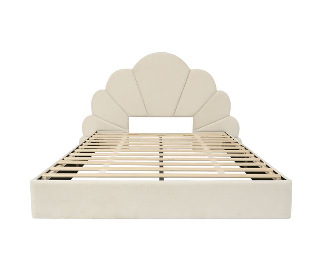 Cama doble 140x200 - cabecero con pétalos curvados, estilo moderno y cómodo - beige
