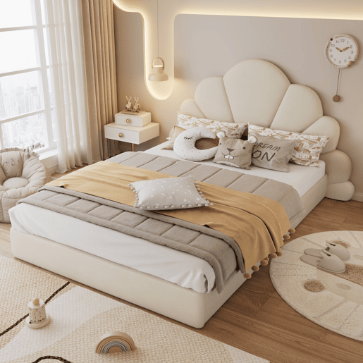 Cama de casal 140x200 - cabeceira com pétalas curvas, estilo moderno e confortável - Bege