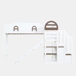 Beliche 90x200cm - Com janela, escorregador, escada com corrimão, 2 gavetas na escada, design versátil, grande capacidade de armazenamento - Branco+Madeira