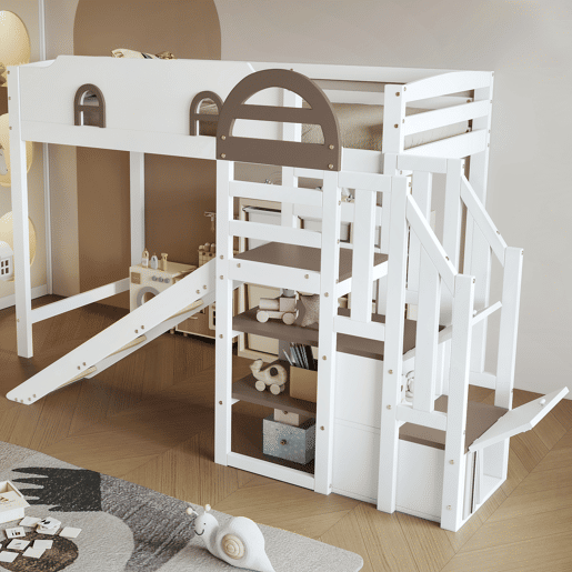 Beliche 90x200cm - Com janela, escorregador, escada com corrimão, 2 gavetas na escada, design versátil, grande capacidade de armazenamento - Branco+Madeira