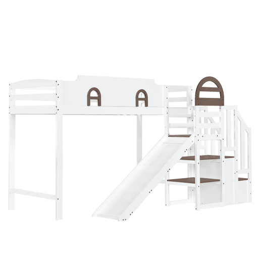 Beliche 90x200cm - Com janela, escorregador, escada com corrimão, 2 gavetas na escada, design versátil, grande capacidade de armazenamento - Branco+Madeira