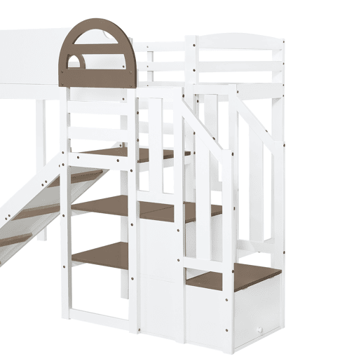 Beliche 90x200cm - Com janela, escorregador, escada com corrimão, 2 gavetas na escada, design versátil, grande capacidade de armazenamento - Branco+Madeira