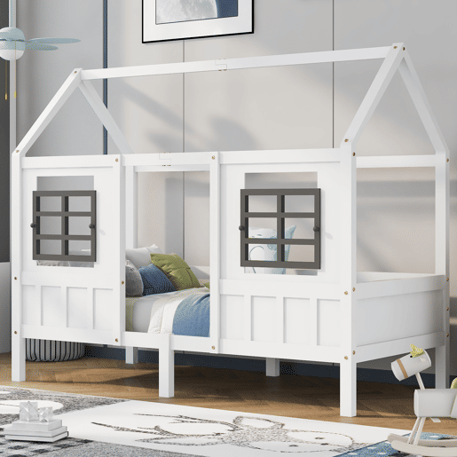 Cama casa, 200x90 cm - Cama infantil com 2 janelas, estrutura em pinho e MDF - Branco