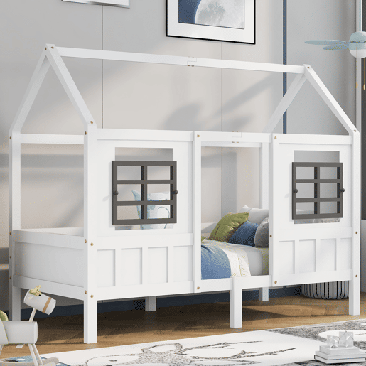 Cama casa, 200x90 cm - Cama infantil com 2 janelas, estrutura em pinho e MDF - Branco