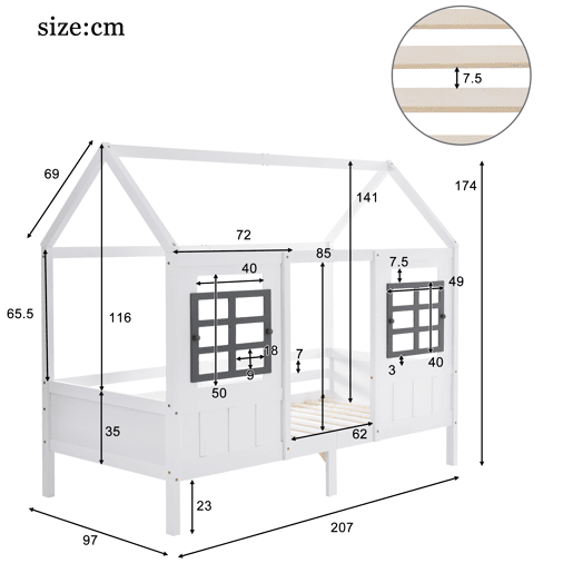 Cama casa, 200x90 cm - Cama infantil com 2 janelas, estrutura em pinho e MDF - Branco