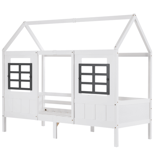 Cama casa, 200x90 cm - Cama infantil com 2 janelas, estrutura em pinho e MDF - Branco