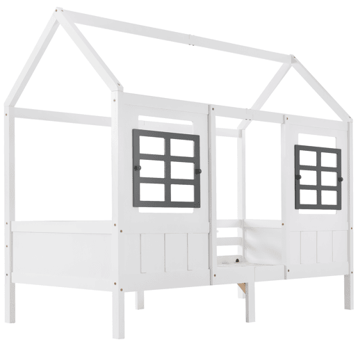 Cama casa, 200x90 cm - Cama infantil com 2 janelas, estrutura em pinho e MDF - Branco