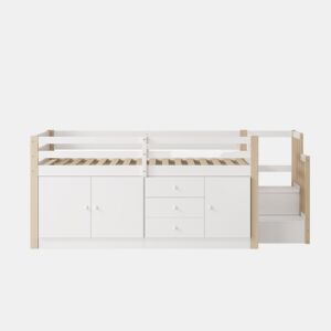 Cama alta infantil 90x200cm - com escada, gavetas, 2 armários e barra para roupa - Branco