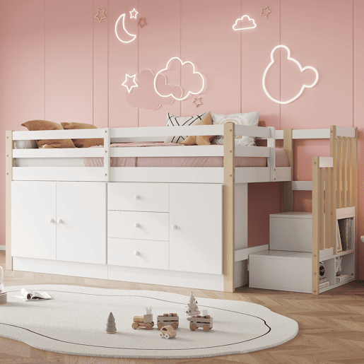 Cama alta infantil 90x200cm - com escada, gavetas, 2 armários e barra para roupa - Branco