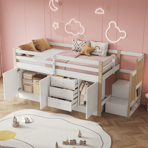 Cama alta infantil 90x200cm - com escada, gavetas, 2 armários e barra para roupa - Branco