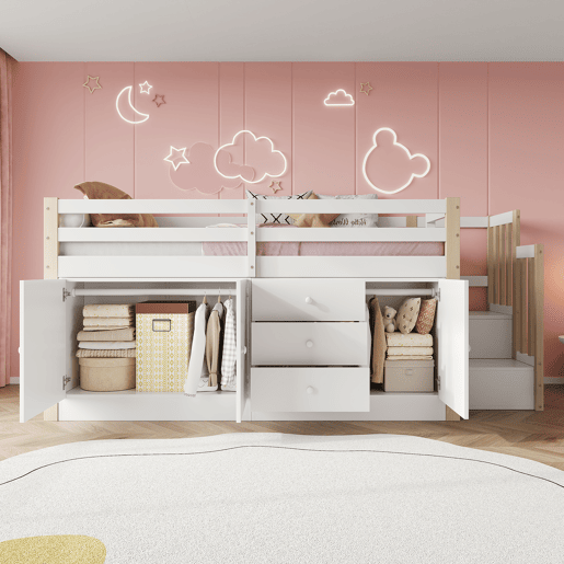 Cama alta infantil 90x200cm - com escada, gavetas, 2 armários e barra para roupa - Branco