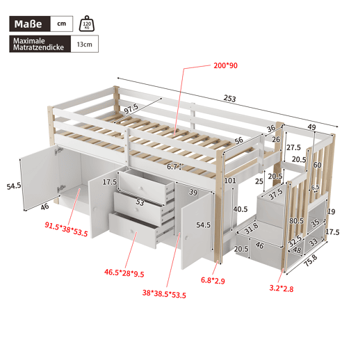 Cama alta infantil 90x200cm - com escada, gavetas, 2 armários e barra para roupa - Branco