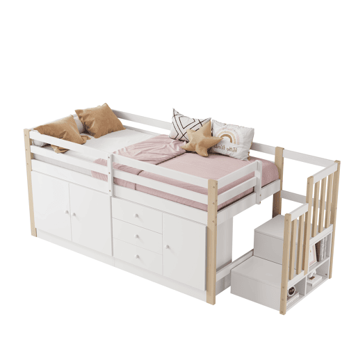 Cama alta infantil 90x200cm - com escada, gavetas, 2 armários e barra para roupa - Branco