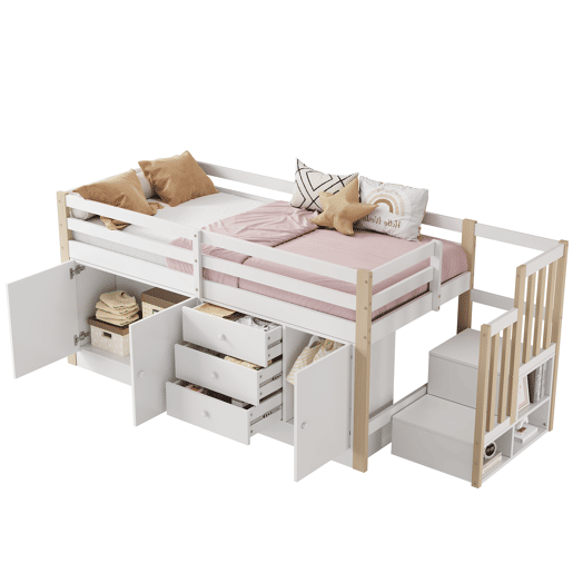 Cama alta infantil 90x200cm - com escada, gavetas, 2 armários e barra para roupa - Branco