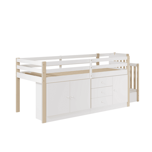 Cama alta infantil 90x200cm - com escada, gavetas, 2 armários e barra para roupa - Branco