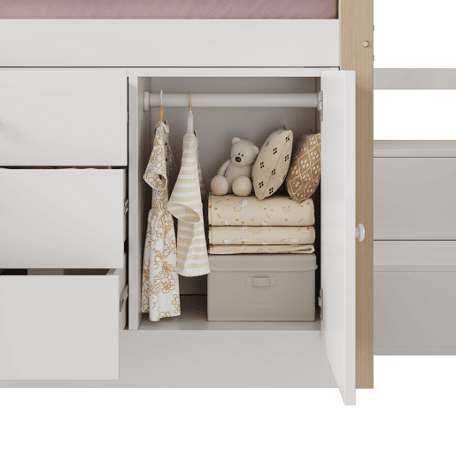 Cama alta infantil 90x200cm - com escada, gavetas, 2 armários e barra para roupa - Branco