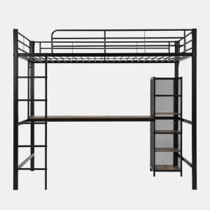 Cama alta 90x200 - Cama de ferro com secretária e estante múltipla, grade e escada robusta - Preto + Madeira escura