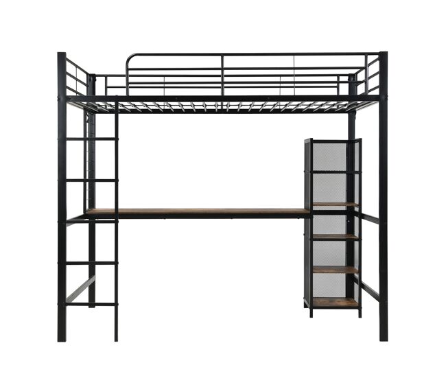 Cama alta 90x200 - cama de hierro con escritorio y estantería múltiple, barandilla y escalera robusta - negro + madera oscura