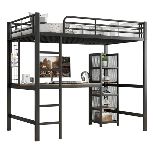 Cama alta 90x200 - Cama de ferro com secretária e estante múltipla, grade e escada robusta - Preto + Madeira escura