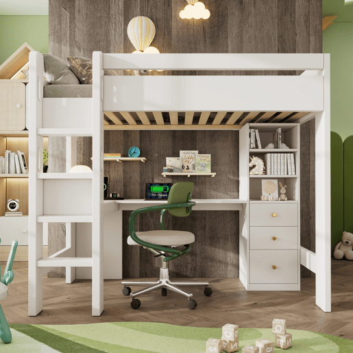 Cama alta 90x200 cm - Com secretária em L, prateleiras, gavetas e área de carregamento USBType-C - Branco