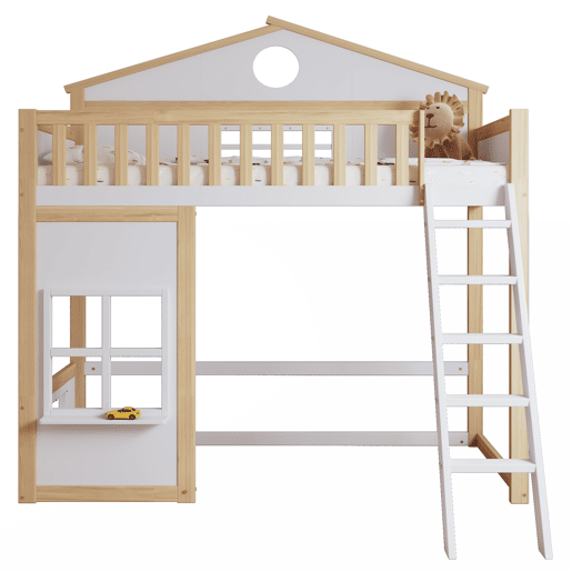 Beliche infantil 90x200 - com escada, corrimão, teto e janela, cama inferior aberta - Branco+Natural