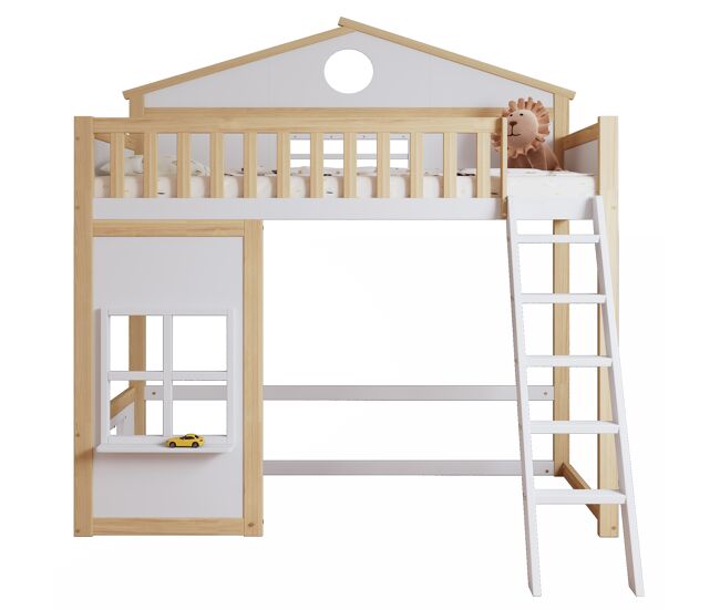 Litera infantil 90x200 - con escalera, barandilla, techo y ventana, cama inferior abierta - blanco+natural