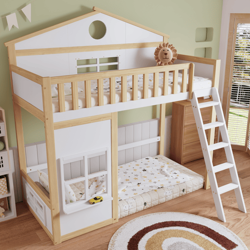Beliche infantil 90x200 - com escada, corrimão, teto e janela, cama inferior aberta - Branco+Natural