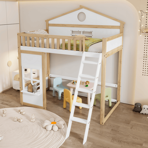 Beliche infantil 90x200 - com escada, corrimão, teto e janela, cama inferior aberta - Branco+Natural