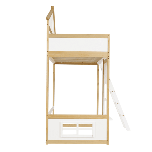 Beliche infantil 90x200 - com escada, corrimão, teto e janela, cama inferior aberta - Branco+Natural
