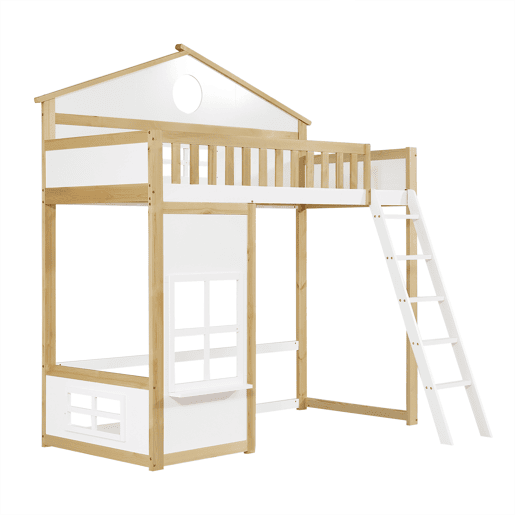 Beliche infantil 90x200 - com escada, corrimão, teto e janela, cama inferior aberta - Branco+Natural