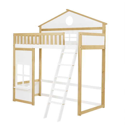 Beliche infantil 90x200 - com escada, corrimão, teto e janela, cama inferior aberta - Branco+Natural
