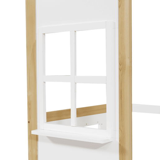 Beliche infantil 90x200 - com escada, corrimão, teto e janela, cama inferior aberta - Branco+Natural