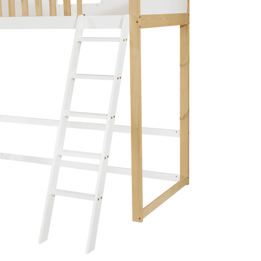 Beliche infantil 90x200 - com escada, corrimão, teto e janela, cama inferior aberta - Branco+Natural