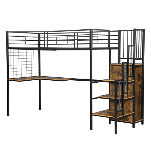 Beliche 90x200cm - Com mesa e armário, com escada lateral, ferro e painel de partículas - Preto+Madeira escura