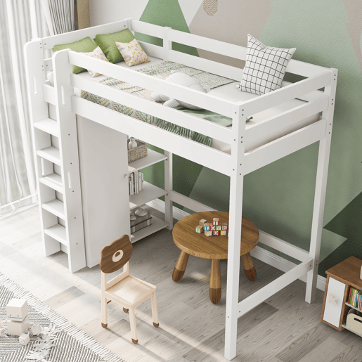 Cama infantil 90x200 cm - Cama individual com armário e 6 prateleiras, fácil de montar, material de alta qualidade - Branco