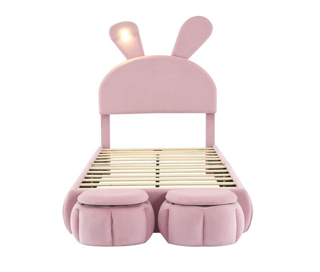 Cama individual 90x200cm - cama con orejas de conejo, tiras de luz cálida ajustable, 2 taburetes de almacenamiento - rosa