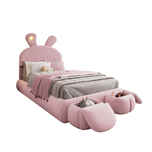Cama individual 90x200cm - Cama com orelhas de coelho, fitas de luz quente ajustáveis, 2 bancos com arrumação - Rosa