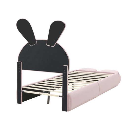 Cama individual 90x200cm - Cama com orelhas de coelho, fitas de luz quente ajustáveis, 2 bancos com arrumação - Rosa