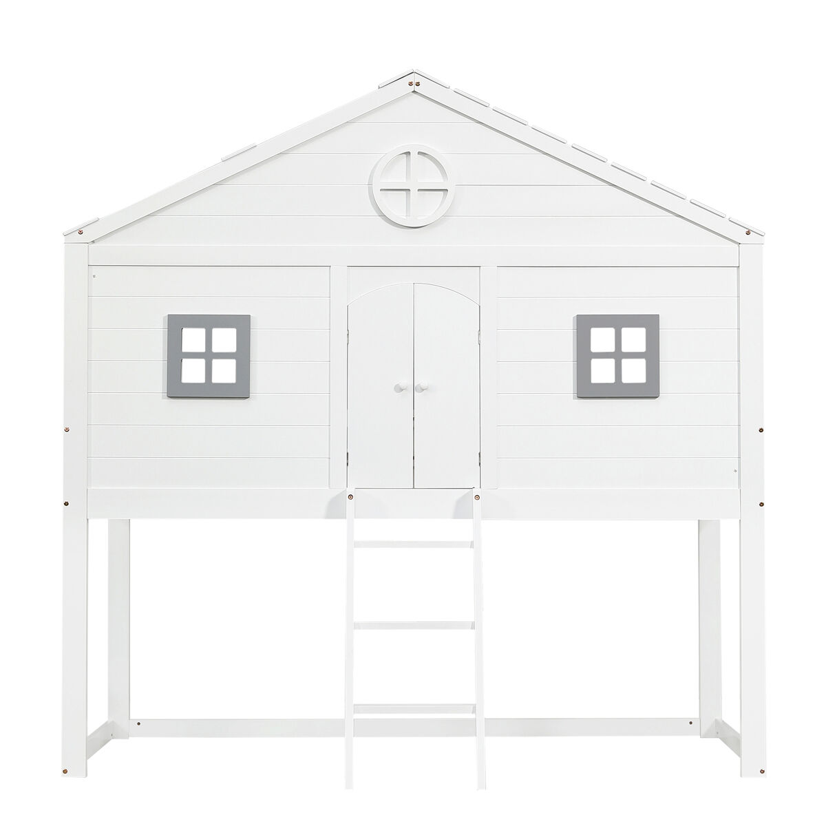 Cama tipo casa 90x200cm - con escalera, protección anticaídas, dos ventanas grises - blanco+gris