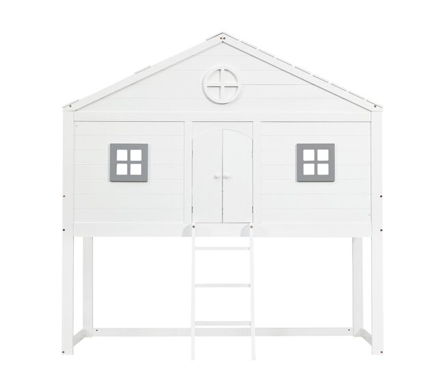 Cama tipo casa 90x200cm - con escalera, protección anticaídas, dos ventanas grises - blanco+gris