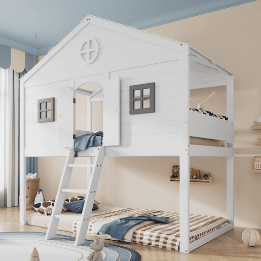 Cama tipo casa 90x200cm - Com escada, proteção anticaídas, duas janelas cinzentas - Branco+Cinza
