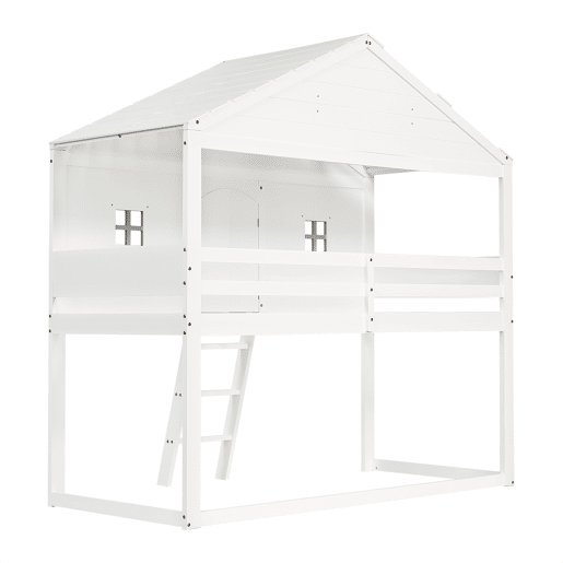 Cama tipo casa 90x200cm - Com escada, proteção anticaídas, duas janelas cinzentas - Branco+Cinza