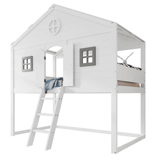 Cama tipo casa 90x200cm - Com escada, proteção anticaídas, duas janelas cinzentas - Branco+Cinza