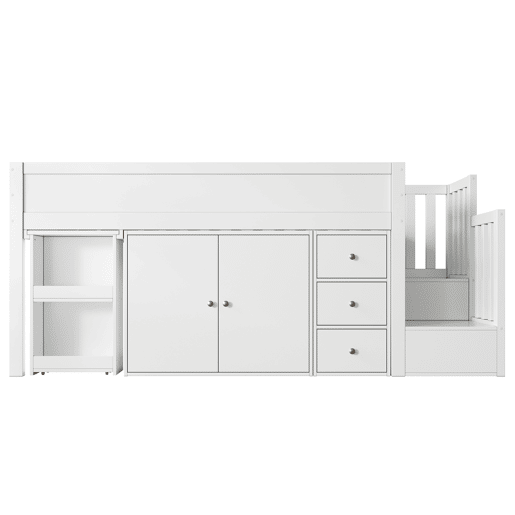 Cama alta infantil + 90*200 - multifuncional, secretária extensível, prateleira lateral, armário, gaveta, escada com armário - Branco