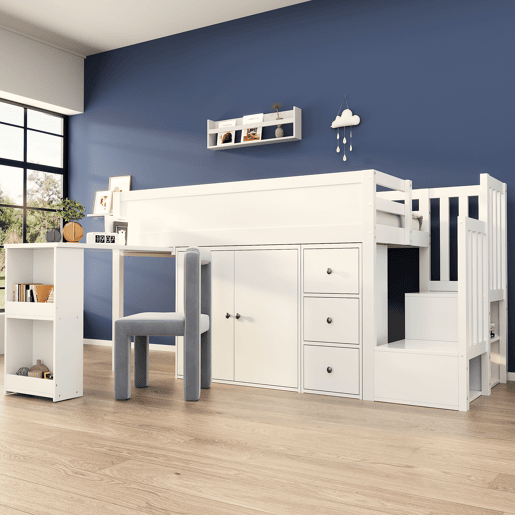 Cama alta infantil + 90*200 - multifuncional, secretária extensível, prateleira lateral, armário, gaveta, escada com armário - Branco