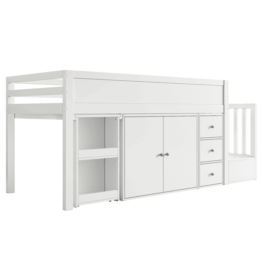 Cama alta infantil + 90*200 - multifuncional, secretária extensível, prateleira lateral, armário, gaveta, escada com armário - Branco