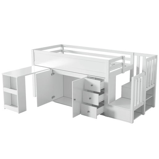 Cama alta infantil + 90*200 - multifuncional, secretária extensível, prateleira lateral, armário, gaveta, escada com armário - Branco