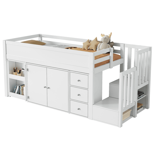 Cama alta infantil + 90*200 - multifuncional, secretária extensível, prateleira lateral, armário, gaveta, escada com armário - Branco