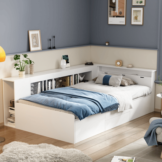 Cama individual infantil 90x200 - multifuncional com gavetas, estante e armário de arrumação - branco